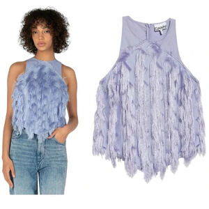 NWT $275 GANNI Fringe Mesh Tank Top - Pastel Ruffle Feathery Blouse